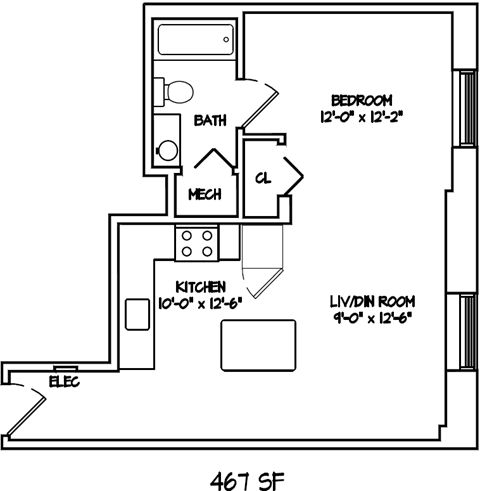 Floor plan for studio, 1 bath, 467 sqft